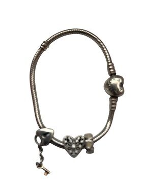 Pandora Silver Heart Charm Bracelet with Key Dangle